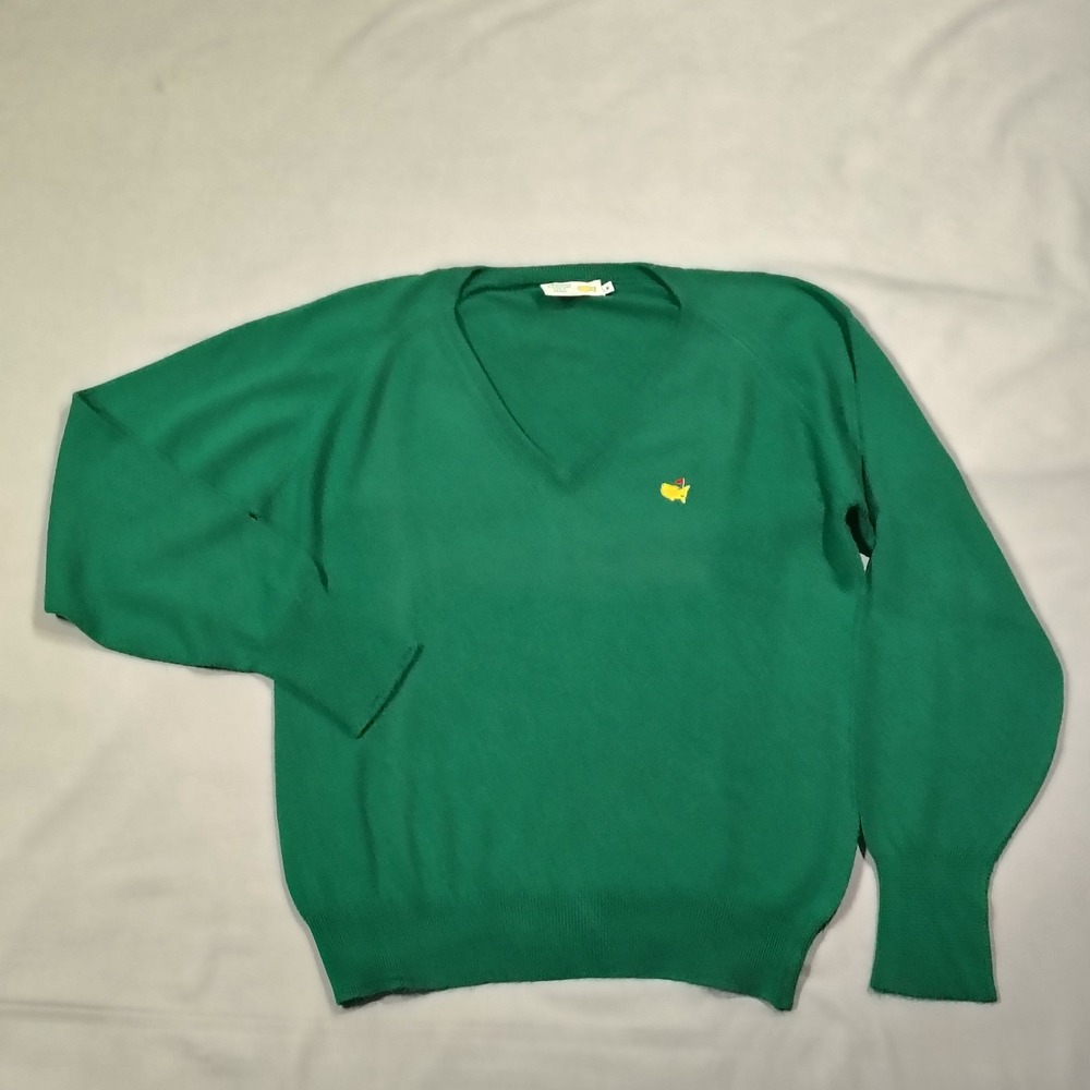 VINTAGE Augusta National Golf Shop Sweater Medium Green Masters V-Neck Knit Logo